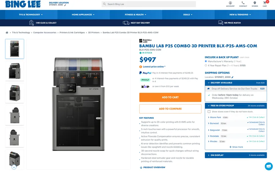 Bambu Lab P2S Combo - $997 at Bing Lee, or ~$947 with Officeworks Price Match