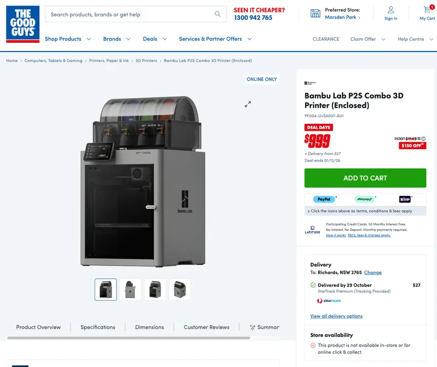 Bambu Lab P2S Combo - $939 with SPRING @ The Good Guys