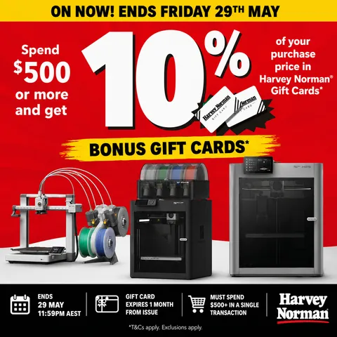 10% Back in Gift Cards on Bambu Lab & Elegoo 3D Printers at Harvey Norman