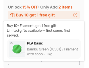 Bambu Lab PLA Basic Green free-gift offer for buying 10 filament rolls