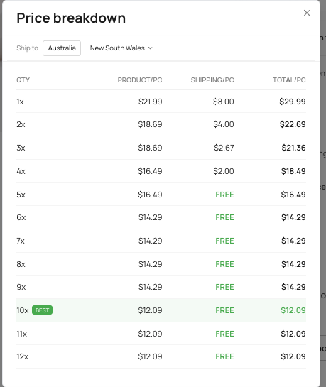 Bambu Lab filament quantity price breakdown showing $12.09 at 10 rolls and free shipping from five rolls