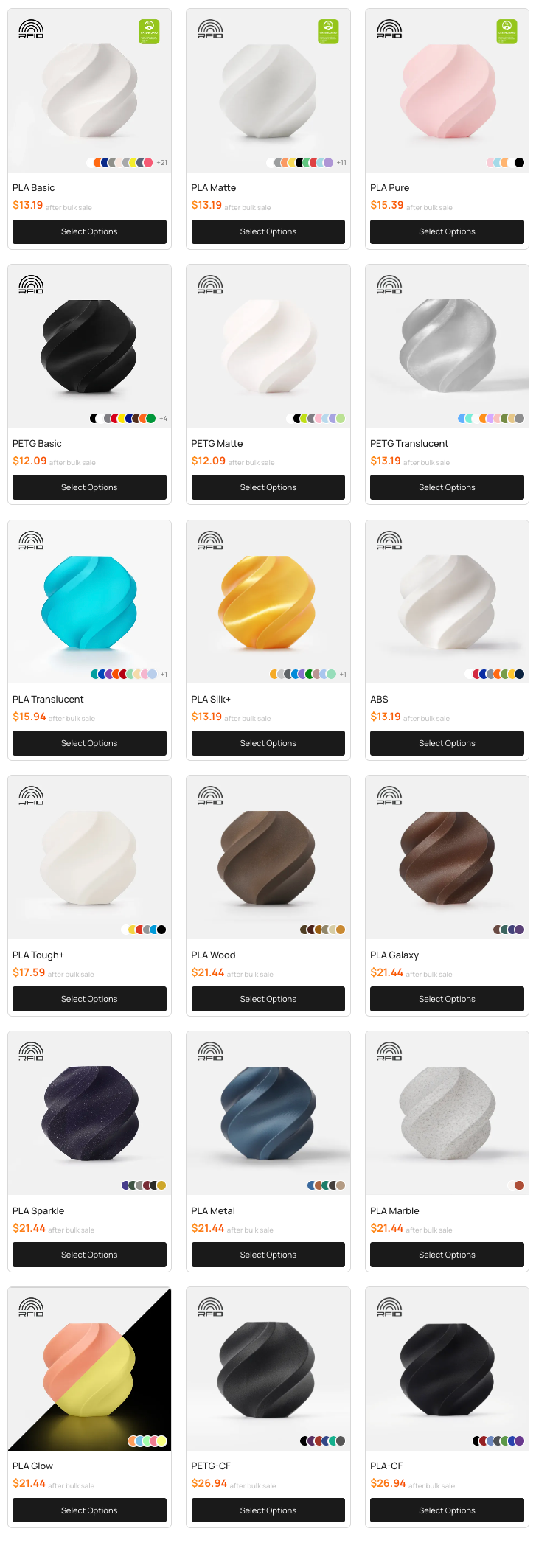 Bambu Lab filament product range and bulk prices