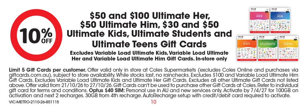 10% off Ultimate Gift Cards at Coles