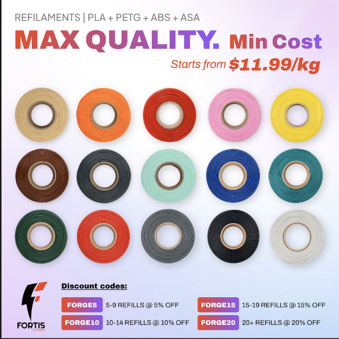 Fortis Filaments refill pricing and FORGE discount codes