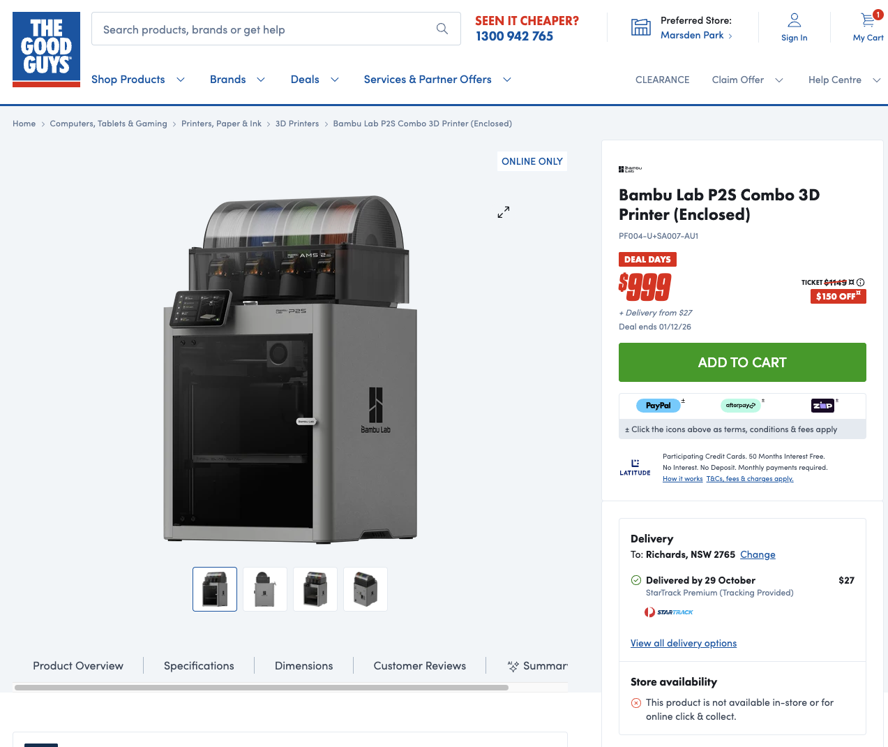 The Good Guys Bambu Lab P2S Combo checkout screenshot showing the $999 price and delivery from $27